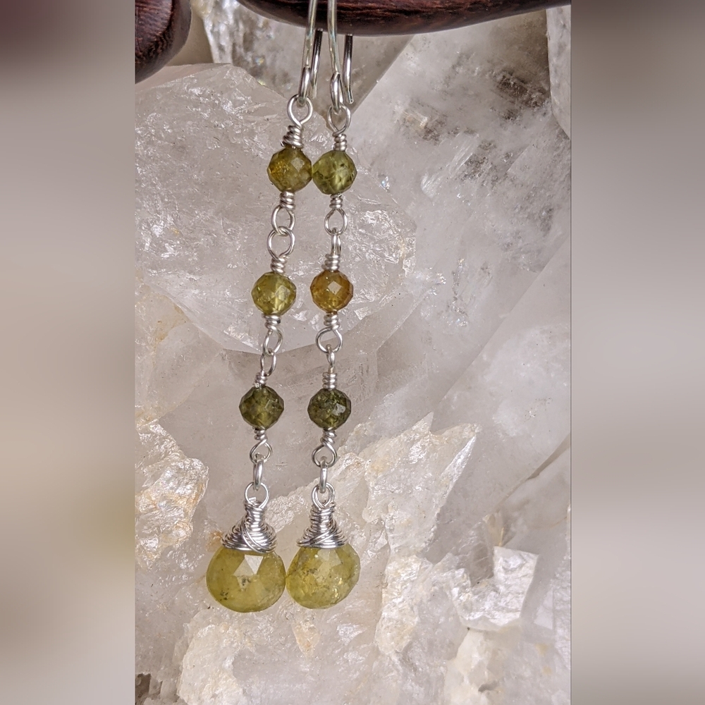 Earthy Green Garnet Earrings Dainty Sterling Silver Elegant Dangle Drop - Picture 9 of 12